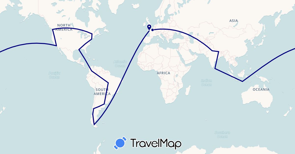 TravelMap itinerary: driving in Argentina, Brazil, Canada, Chile, Colombia, France, Indonesia, India, Sri Lanka, Nepal, United States (Asia, Europe, North America, South America)
